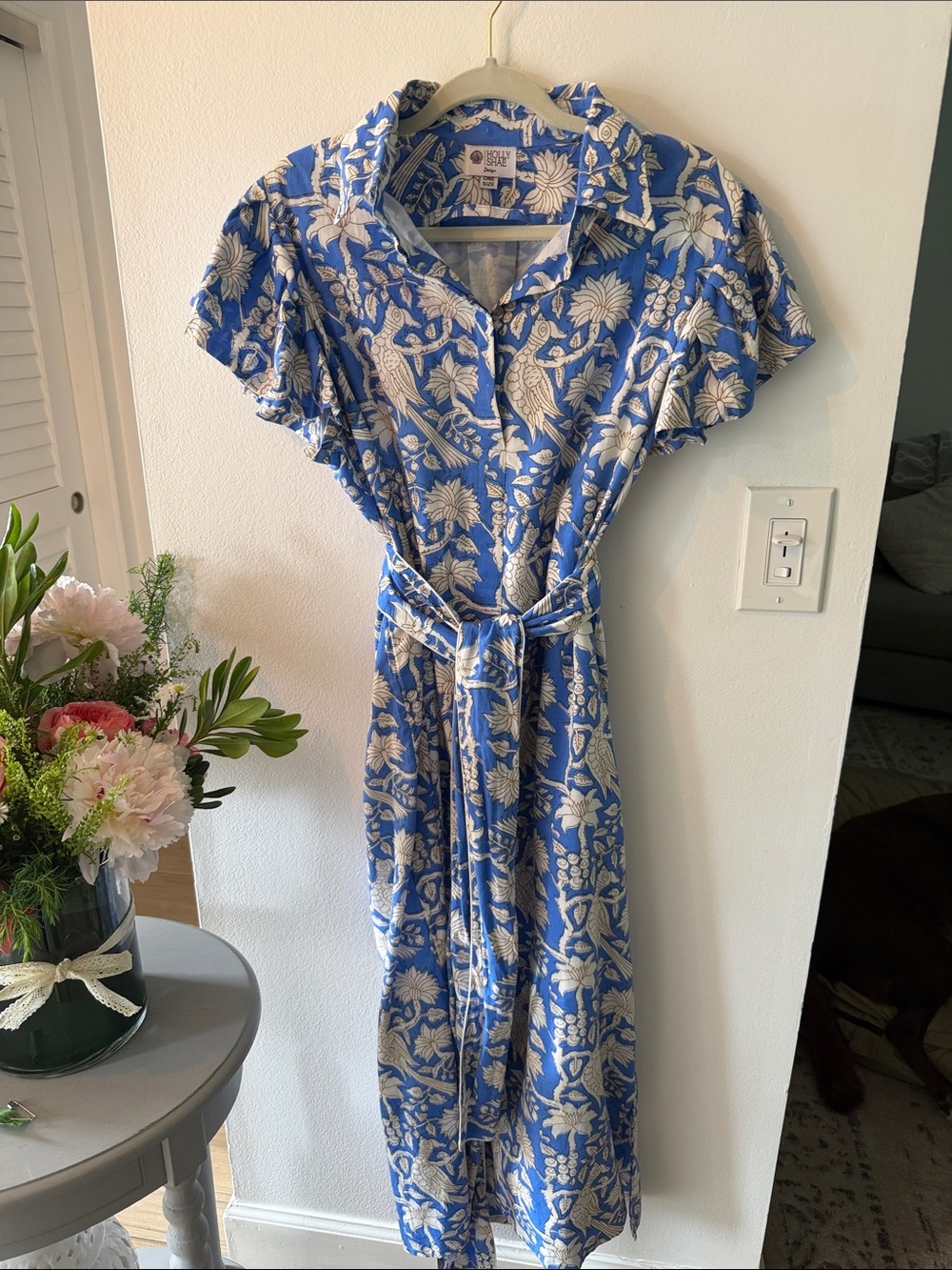 Blue Floral Maxi Shirt Dress with Tie Waist